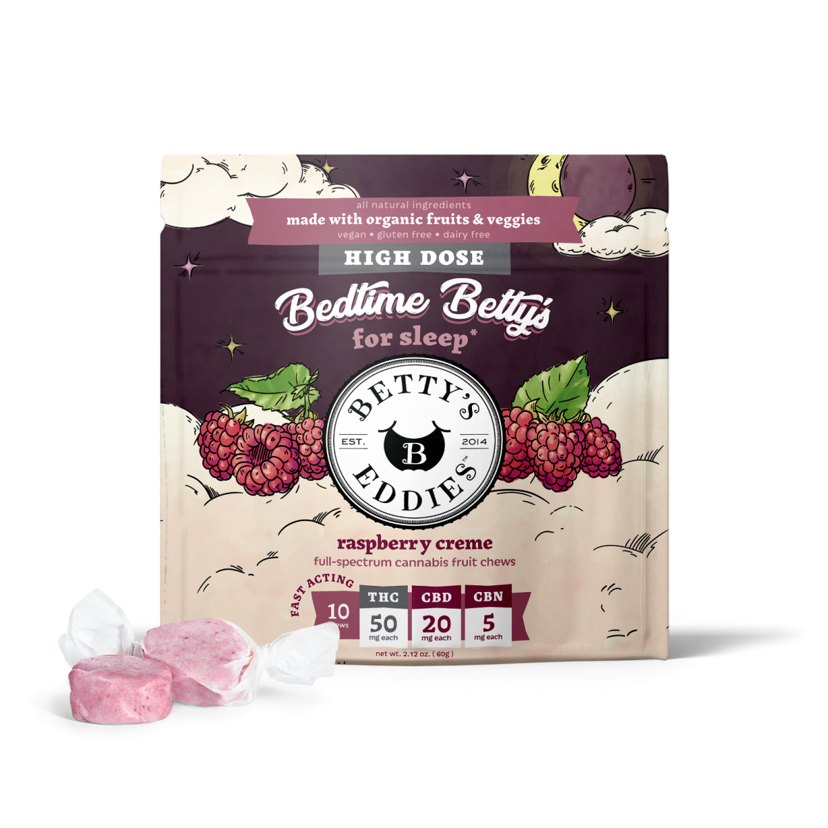 Raspberry Crème Bedtime Betty's (1:2:1 THC:CBD:CBN) | 10pk | 50mg