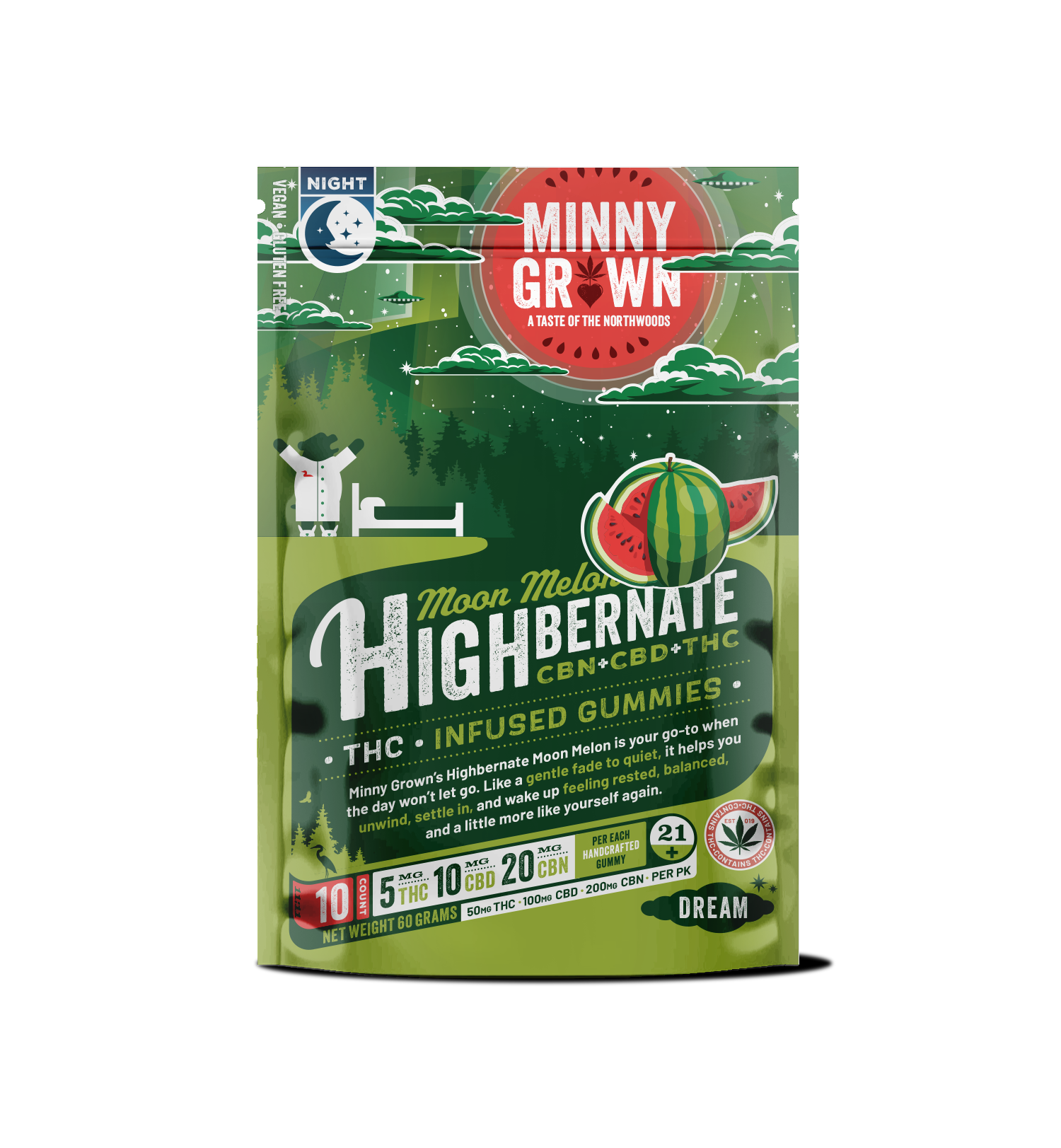Highbernate Moon Melon Gummies | 5mg THC 10 mg CBD 20mg CBN | 10 count