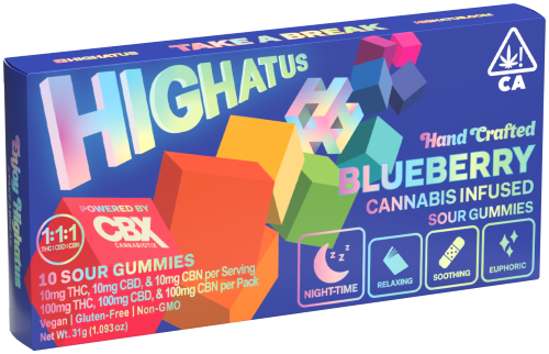 HIGHATUS: Blueberry Sour CBN Gummies 1:1:1 (100mg THC/100mg CBD/100mg) 10pk (I)