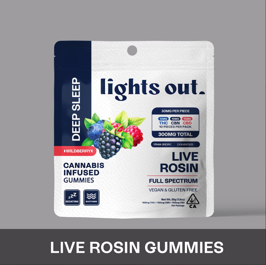 LIGHTS OUT: Wildberry Sleep 1:1:1 (THC:CBD:CBN) Live Rosin Gummies 300mg/10-Piece (I)