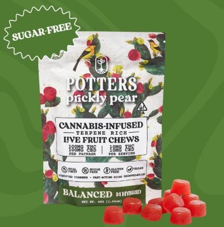 POTTERS: Prickly Pear Sugar-Free Live Resin Fruit Chew 1:1 (THC:CBD) 10-Piece/100mg (H)