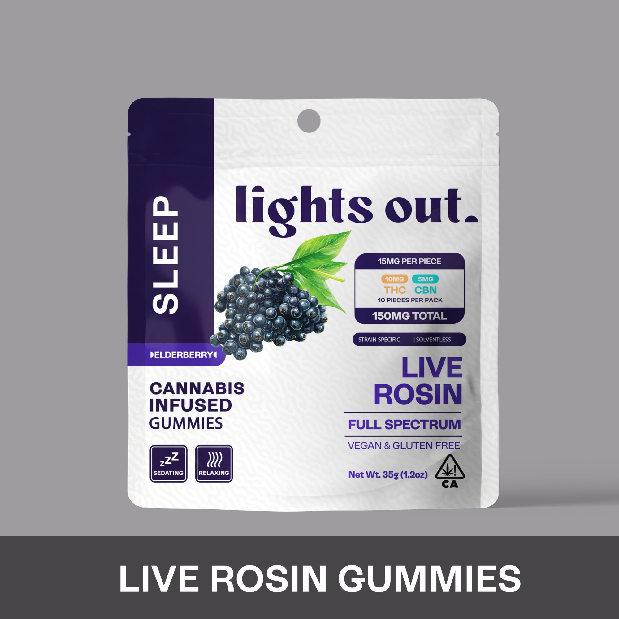 LIGHTS OUT: Elderberry Sleep 2:1 (THC:CBN) Live Rosin Gummies (I)
