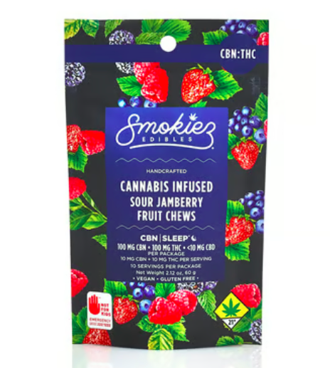 10pk Sour Jamberry 1:1 CBN Fruit Chews - Smokiez