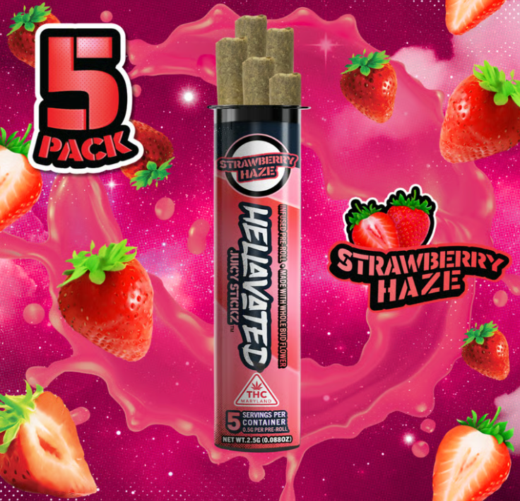 Hellavated Juicy Stickz Strawberry Haze 0.5g 5pk Infused Prerolls