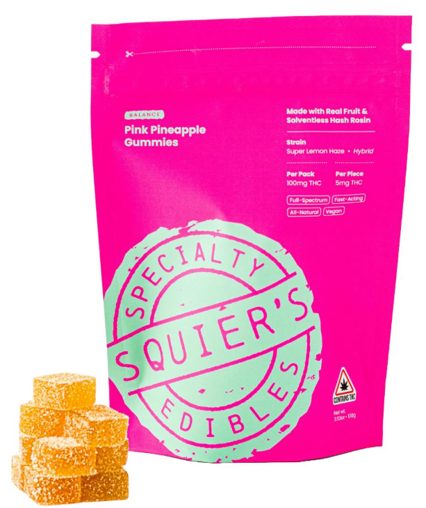 Squier’s Pink Pineapple Live Rosin Bliss Gummies 100mg 20pk (V/GF)