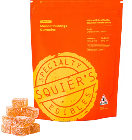 Squier’s Mandarin Mango Bliss Live Rosin Gummies 100mg 20pk (V/GF)