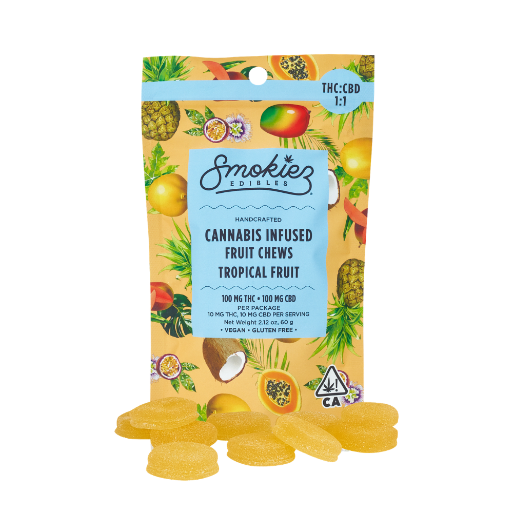 200mg 1:1 THC:CBD Tropical Fruit Chews (10mg THC, 10mg CBD - 10 pack) - Smokiez