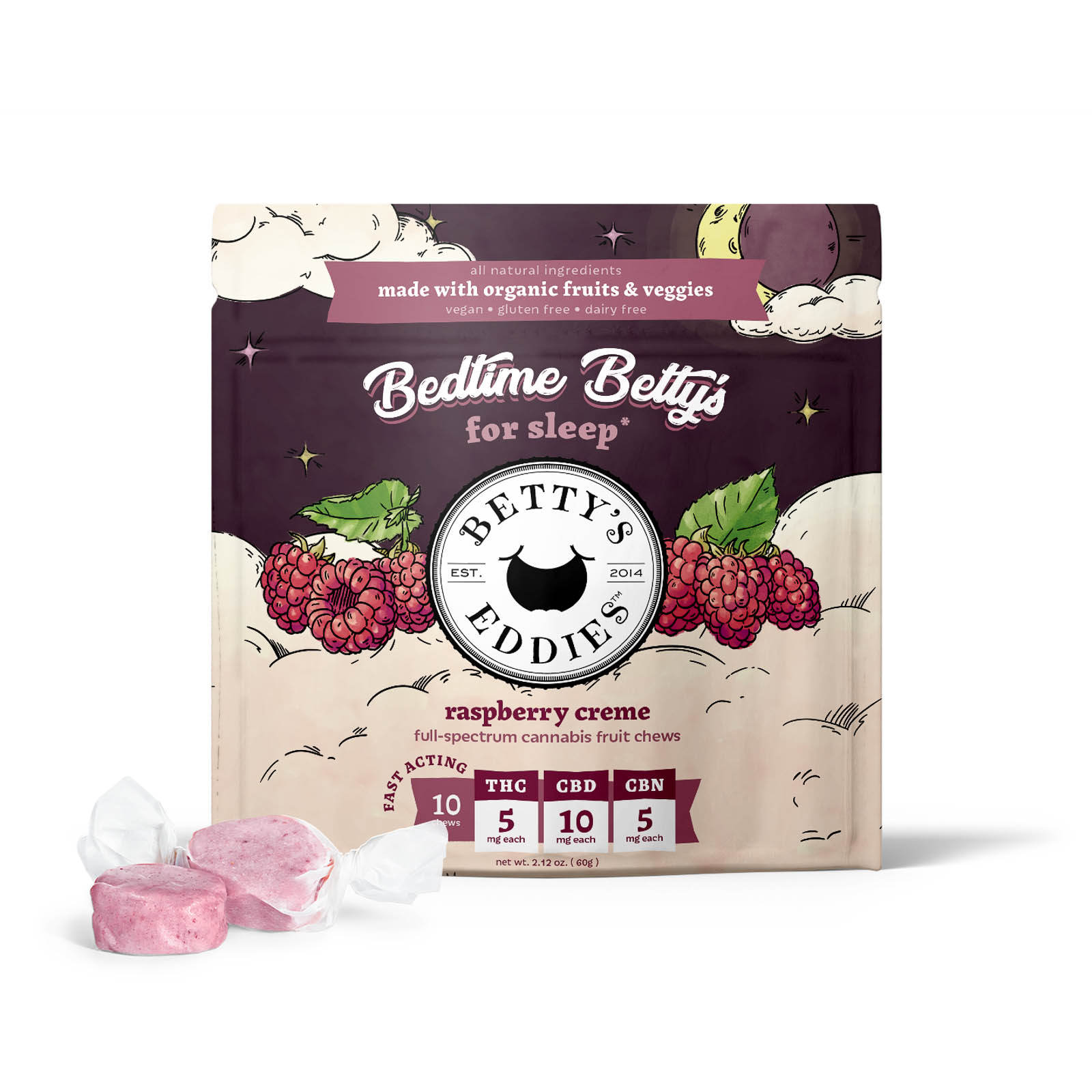 Bedtime Betty’s – Raspberry Crème Fruit Chews (1:2:1 THC:CBD:CBN) | Betty's Eddies
