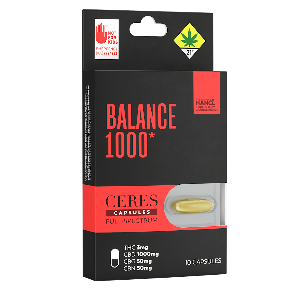 Ceres | Balance 1000 | Capsules | DOH | 10pk | 3mg THC : 100mg CBD : 50mg CBG : 50mg CBN