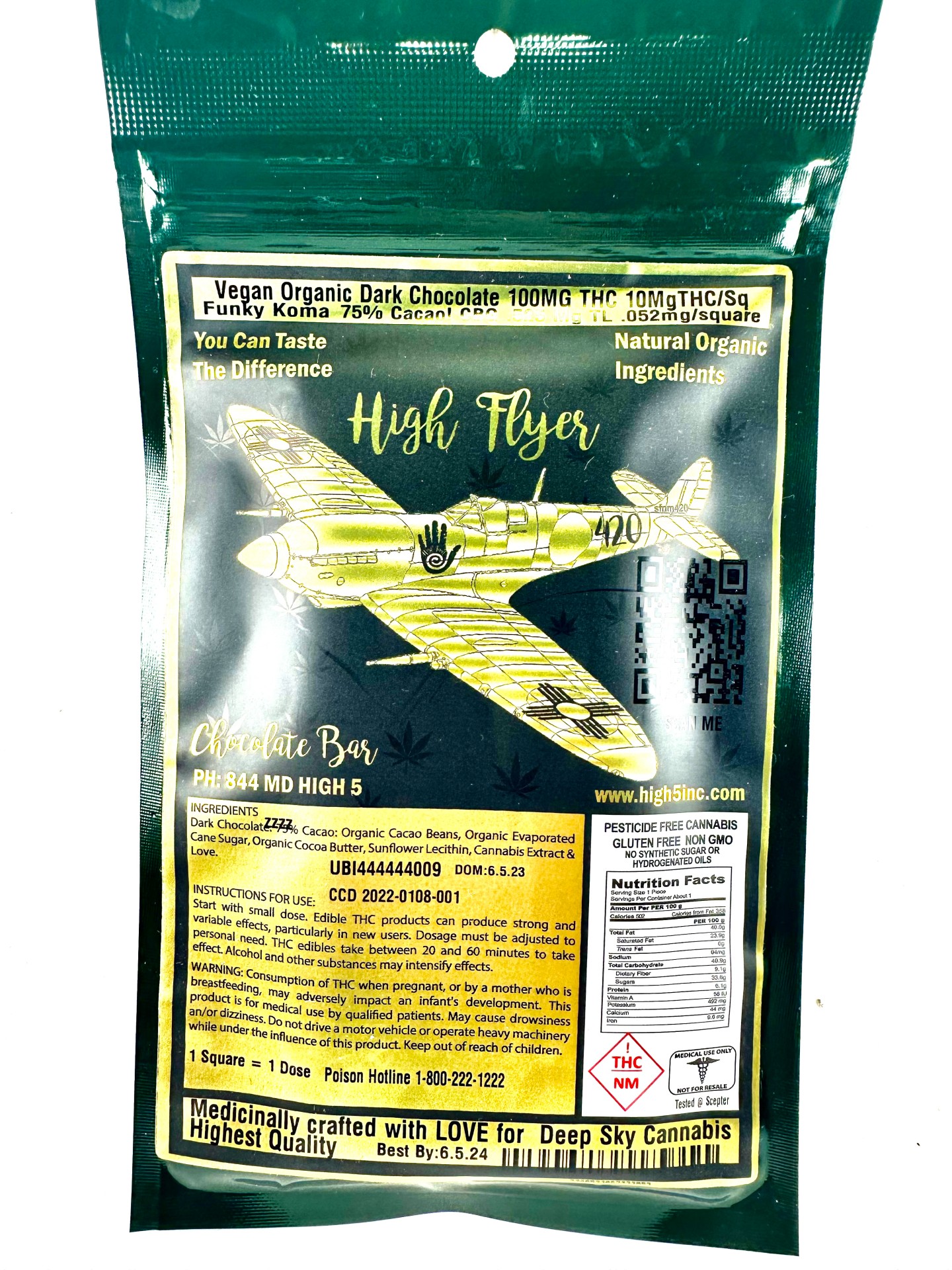 High Five Edibles - High Flyer 100 - Vegan Dark Chocolate bars - 100mg
