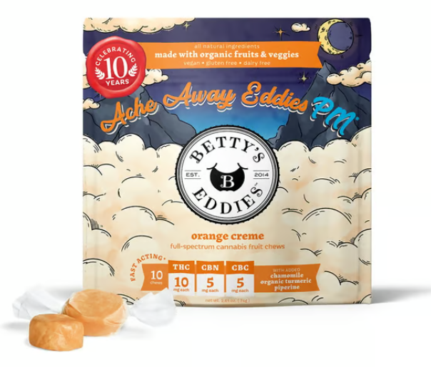 Betty's Eddies 1:1:1 Ache Away Eddies PM for Sleep & Pain Relief 50mg 10pk - Orange Creme Chews (THC:CBN:CBC) (V/GF/DF)