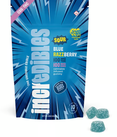 Incredibles 1:1 Sour Blue Razzberry Gummies 100mg (THC:CBG)