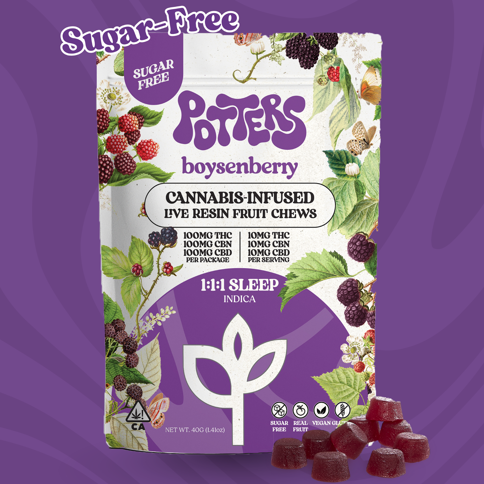 Potters | Sugar Free Fruit Chews | THC:CBD:CBN | Boysenberry | 100mg