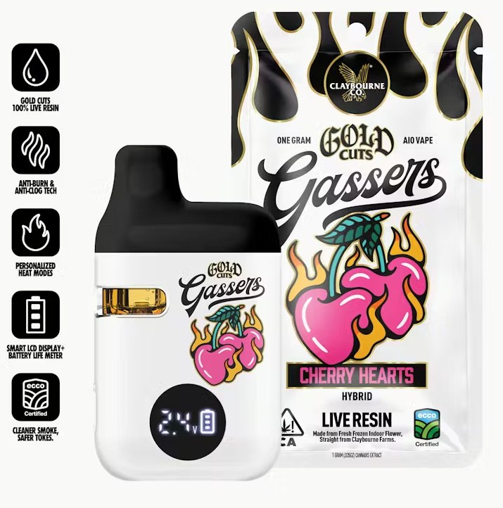 Claybourne Gold Cuts Live Resin Gassers AIO 1g Cherry Hearts