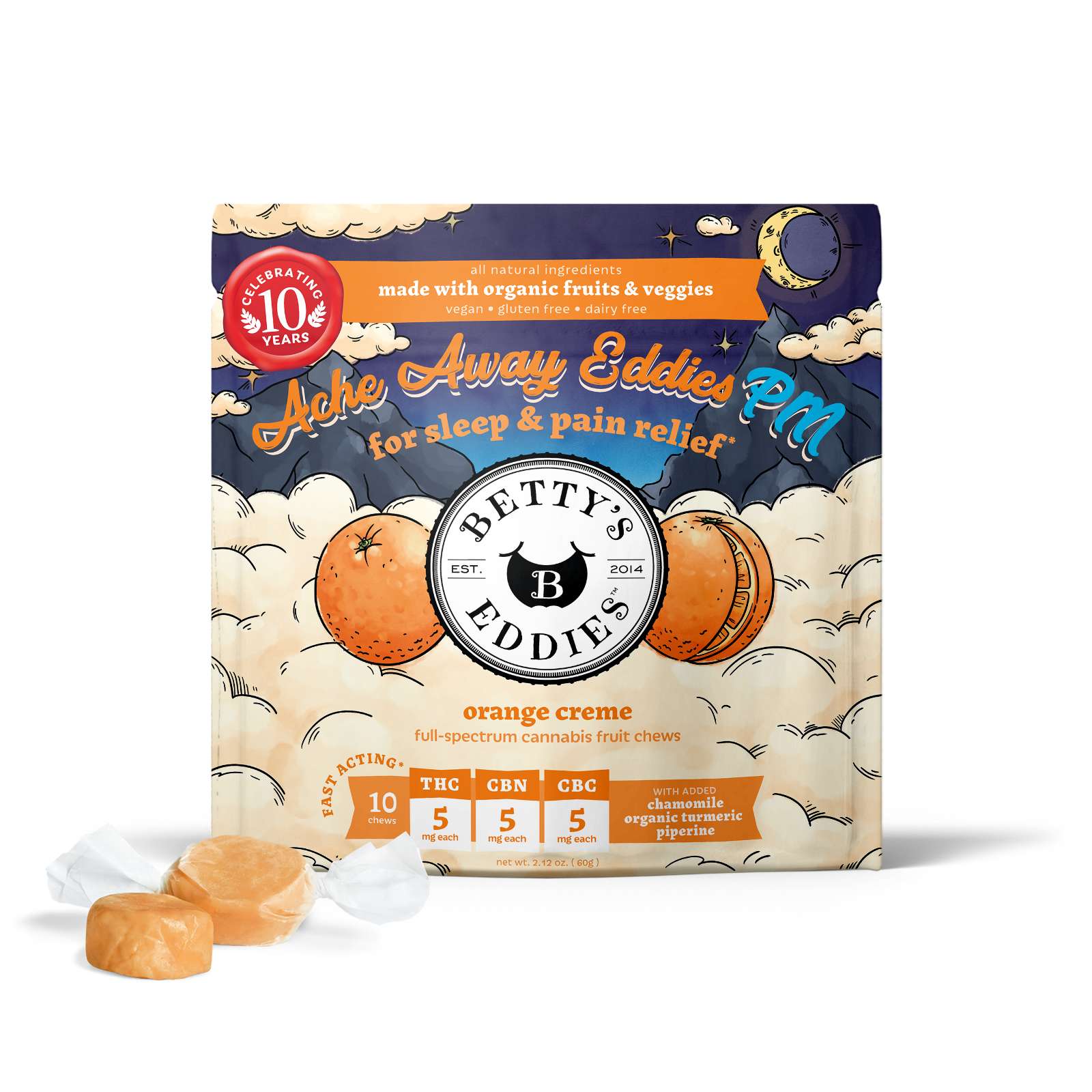 Ache Away Eddies PM – Orange Cream Fruit Chews (1:1:1 THC:CBC:CBN) | Betty's Eddies