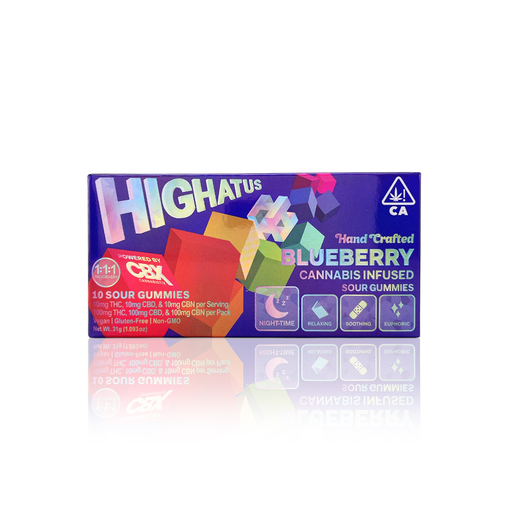 HIGHATUS - Edible - Blueberry - 1:1:1- THC:CBD:CBN - 10-Pack - Sour Gummies - 100MG